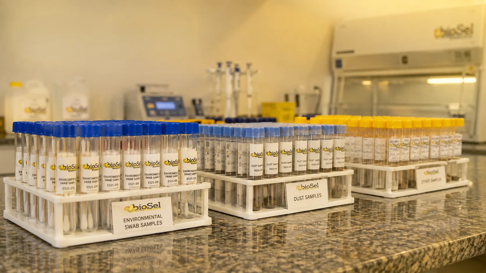 Racks of prepared samples on the BioSel laboratory bench